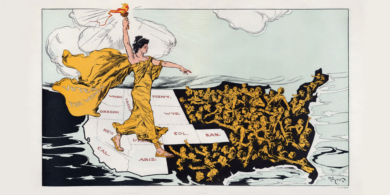 Illustration of the
women's suffrage movement
sweeping across the U.S