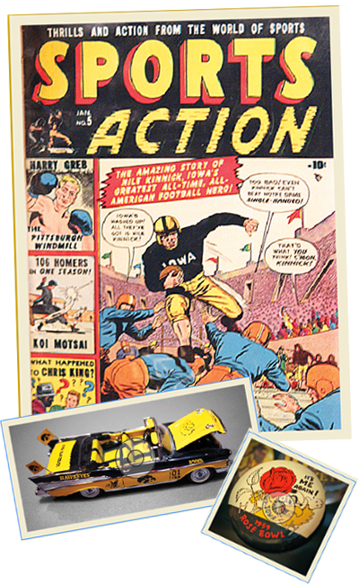Marvel comic starring Nile Kinneck, 1950 Rose Bowl button, and vintage Hawkeye car.
