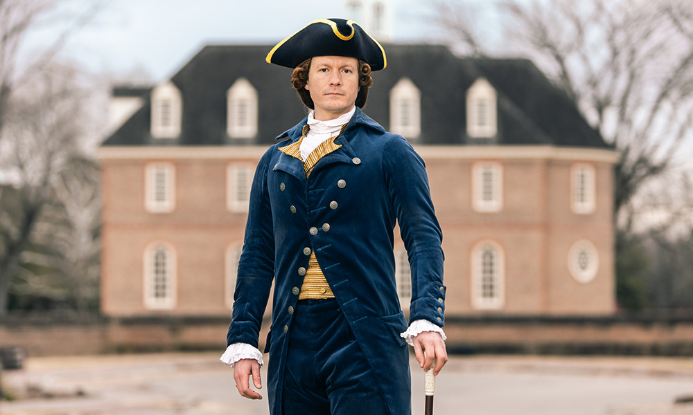 Kurt Smith, portraying Thomas Jefferson, stands in front of Colonial Williamsburg's Capitol